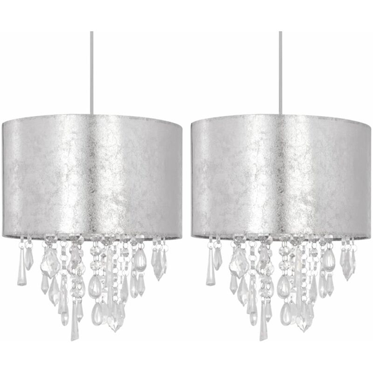 Set of 2 Silver Marble Affect Jewelled Light Shades - Silver marble effect cotton with clear acrylic detail
