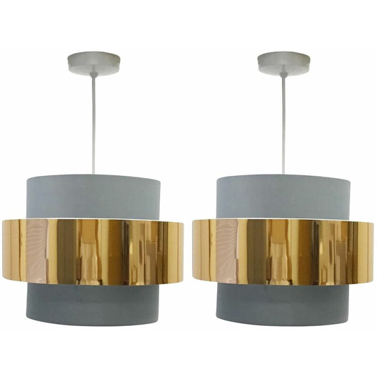 Pair of Grey with Copper Band 2 Tier Light Shades - Grey cotton with copper banding detail