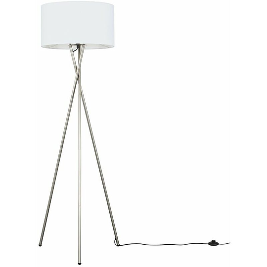 Floor Lamp Tripod Camden Light in Brushed Chrome with Cylinder Lampshade - White + led Bulb