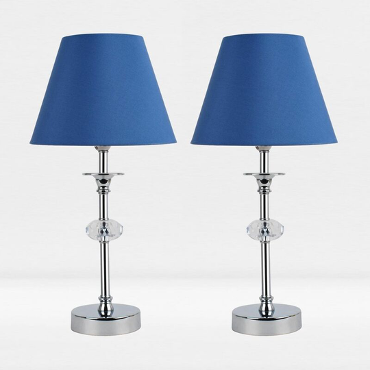 First Choice Lighting - Set of 2 Chrome Plated Stacked Bedside Table Light Faceted Acrylic Detail Blue Fabric Shade - Polished chrome plate with