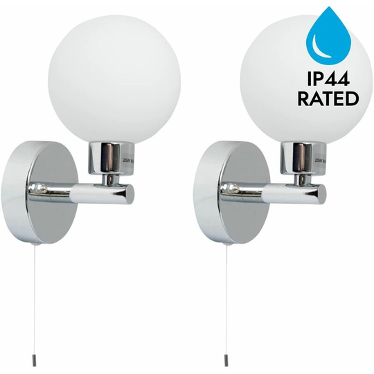 First Choice Lighting - Pair of Polished Chrome IP44 Bathroom Globe Wall Light With Pull Cord Switch - Polished chrome plate and opal glass
