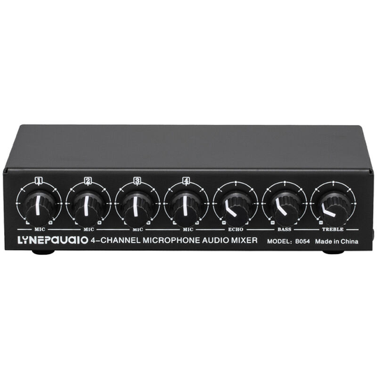 Lynepauaio - 4-Channel Microphone Mixer Support Stereo Output Mini Audio Mixer with Reverb Treble and Bass Adjustment