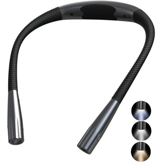 Aougo - Rechargeable Neck Reading Light, Reading Lamp in Bed, 3 Colors, 9 Brightness Levels, Foldable Arms, Long Lifespan, Perfect for Reading,