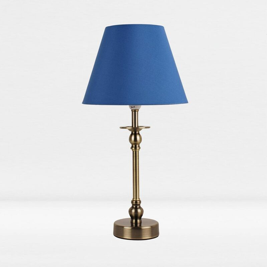 First Choice Lighting - Antique Brass Plate Bedside Table Light with Ball Detail Column Blue Fabric Shade - Antique brass plate and textured blue