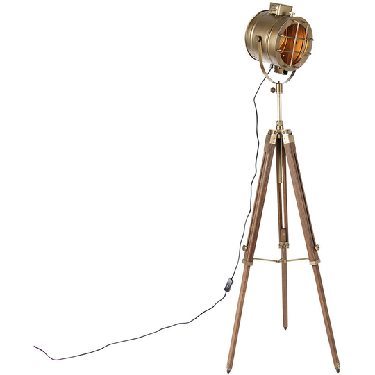 Qazqa - Tripod vloerlamp brons met hout studiospot - Radiant - Bronze