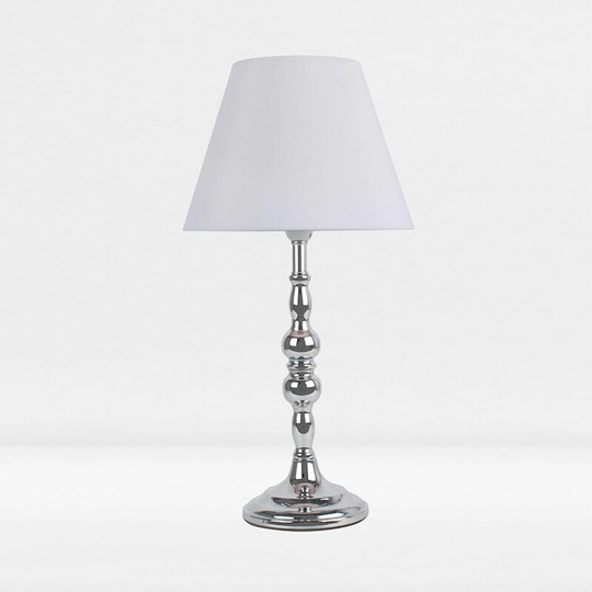 Chrome Plated Bedside Table Light with Candle Column White Fabric Shade - Polished chrome plate and textured white cotton