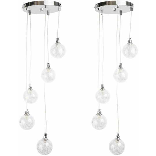 Pair of Chrome 5 Light Cluster Fitting with Glass Globe Shades - Polished chrome plate and clear & inner wired detailed glass
