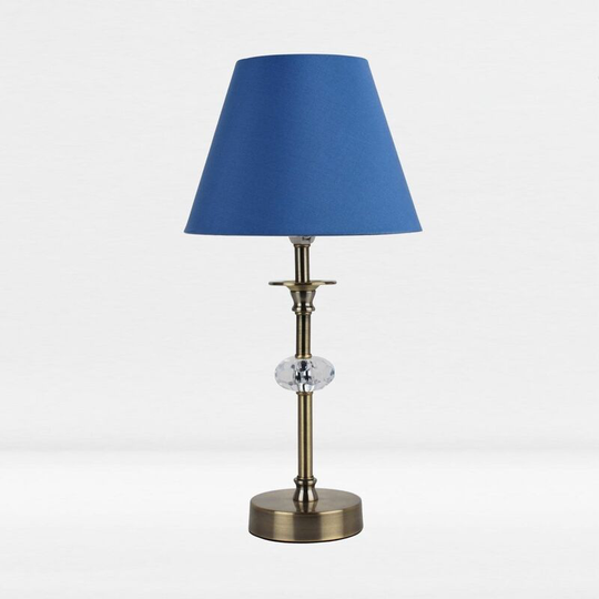 First Choice Lighting - Antique Brass Plated Stacked Bedside Table Light Faceted Detail Blue Fabric Shade - Antique brass plate with clear acrylic
