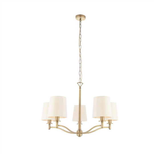 Endon Ortona - 5 Light Multi Arm Pendant Matt Antique Brass, Vintage White Faux Silk, E14