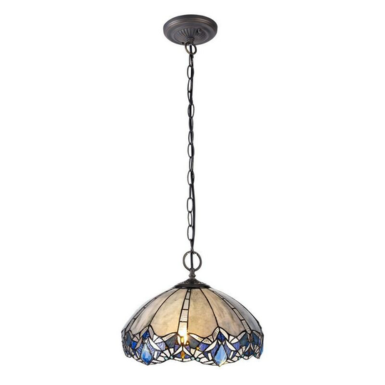 Luminosa Lighting - 2 Light Downlight Ceiling Pendant E27 With 40cm Tiffany Shade, Blue, Clear Crystal, Aged Antique Brass