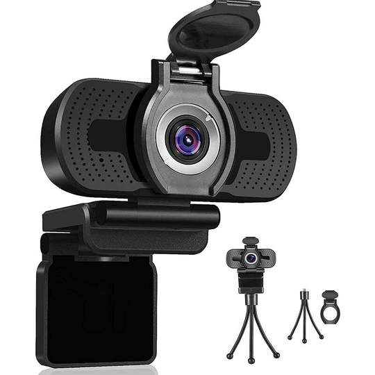 Dericam usb webcam for desktop and laptops with mini-plug and play video calls, integrated microphone and flexible rotary clip 1080p-W2 black usb