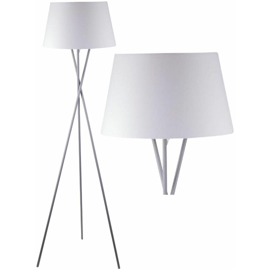 Grey Tripod Floor Lamp with White Fabric Shade - Grey and white cotton