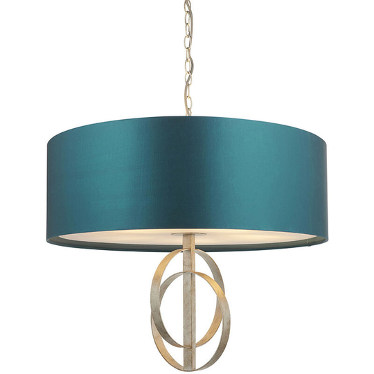 Merano Trento 5 Light Ceiling Pendant Antique Silver Leaf & Teal Satin Fabric