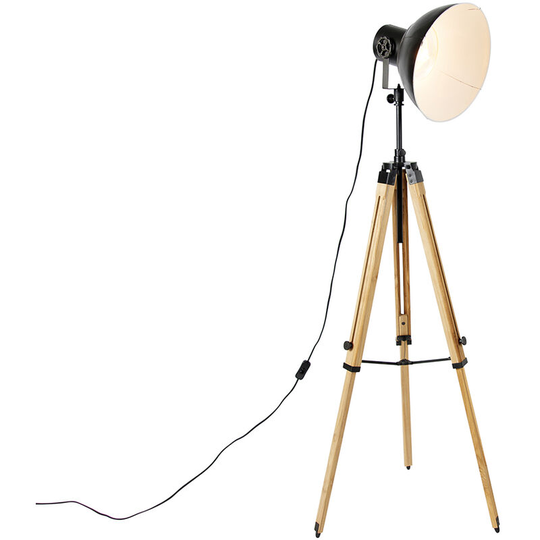 Qazqa - Industriële tripod vloerlamp zwart met hout - Mangoes - Black