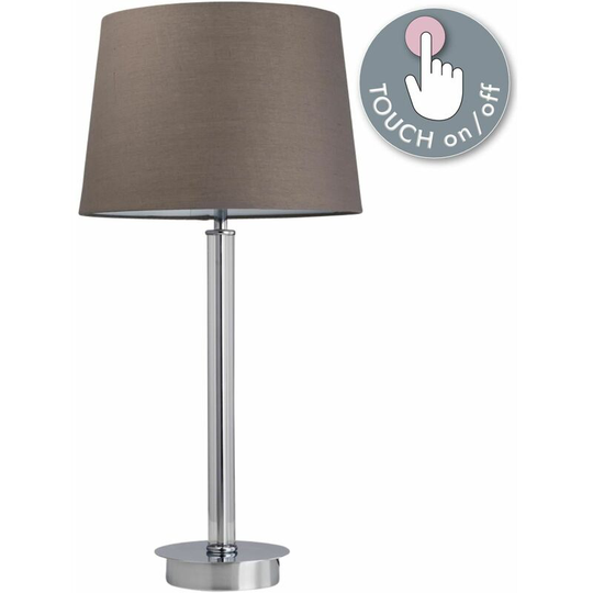 First Choice Lighting - Chrome Column Touch Lamp with Grey Shade - Polished chrome plate with clear glass detail and grey cotton