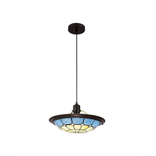 1 Light Ceiling Pendant E27 With 35cm Tiffany Shade, Rich Blue, Clear Crystal Centre, Aged Antique Brass Trim, Black - Luminosa Lighting
