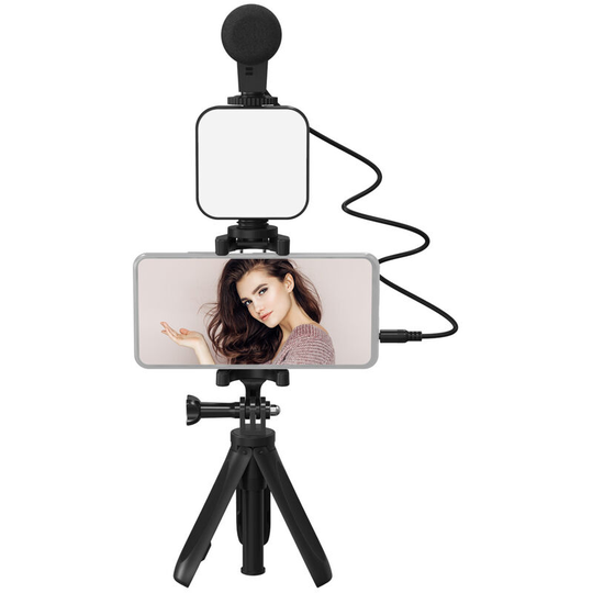 Smartphone Vlogging Kit Tripod Phone Holder + Microphone + Video Light + Clip + 3.5mm trs to trrs Audio Cable for Live Stream Video Recording