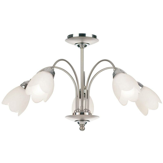Endon Petal - 5 Light Semi Flush Multi Arm Ceiling Light Satin Chrome, Matt Opal Glass, E14