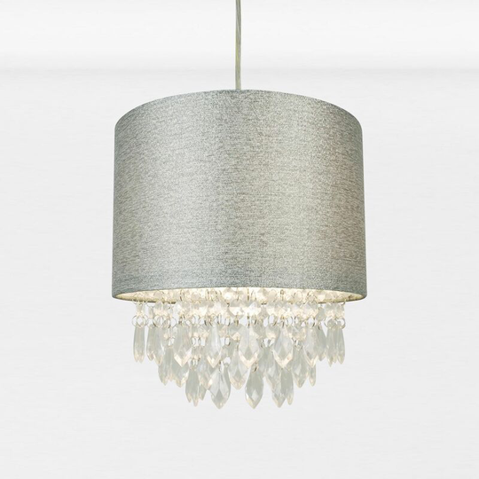 First Choice Lighting - Sparkle Grey Faux Silk Jewelled Easy Fit Light Shade - Sparkle grey faux silk with clear acrylic detail