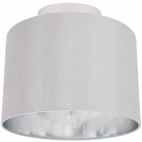 First Choice Lighting - Grey Faux Silk 30cm Drum Light Ceiling Flush Shade with Chrome Inner - Polished chrome plate and grey faux silk with chrome