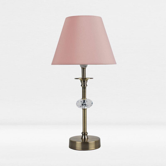 First Choice Lighting - Antique Brass Plated Stacked Bedside Table Light Faceted Detail Blush Pink Fabric Shade - Antique brass plate with clear