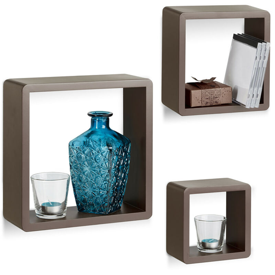 Cube Wall Shelves Set of 3, Square Floating Bookcase, Durable and Decorative, Brown - Relaxdays