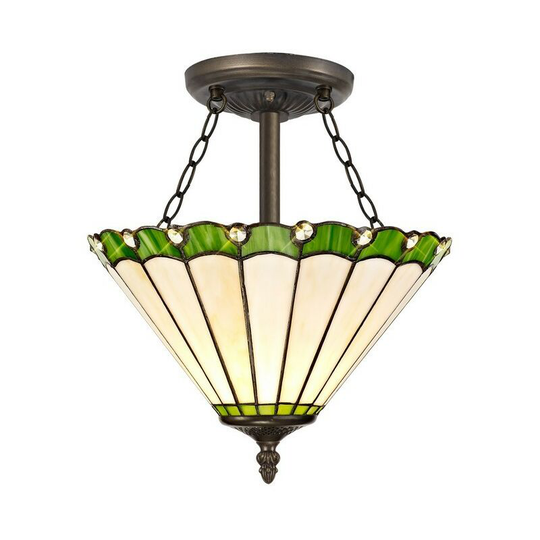 3 Light Semi Flush Ceiling E27 With 30cm Tiffany Shade, Green, Crystal, Aged Antique Brass - Luminosa Lighting
