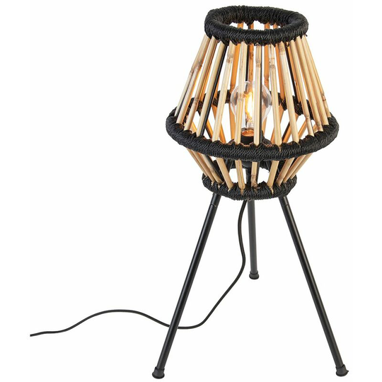 Qazqa - Rural tripod table lamp bamboo with black - Evalin - Black