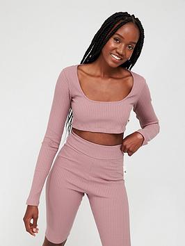 adidas Studio Lounge Rib Crop Long Sleeve Top - Light Red, Light Red, Size Xs, Women