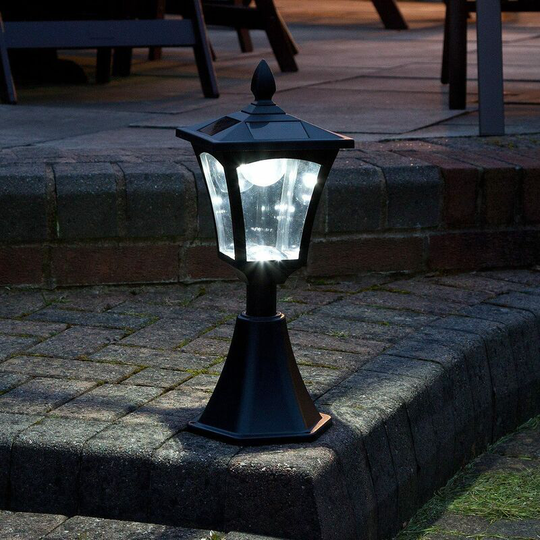 Festive Lights - 34cm Solar Power Traditional led Lantern Pedestal Base Light | Outdoor Garden Welcome Patio Decoration - White