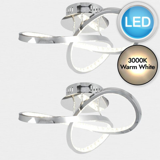 Set of 2 Jewelled Chrome led Loop Ceiling Lights - Polished chrome plate with clear jewelled acrylic detail