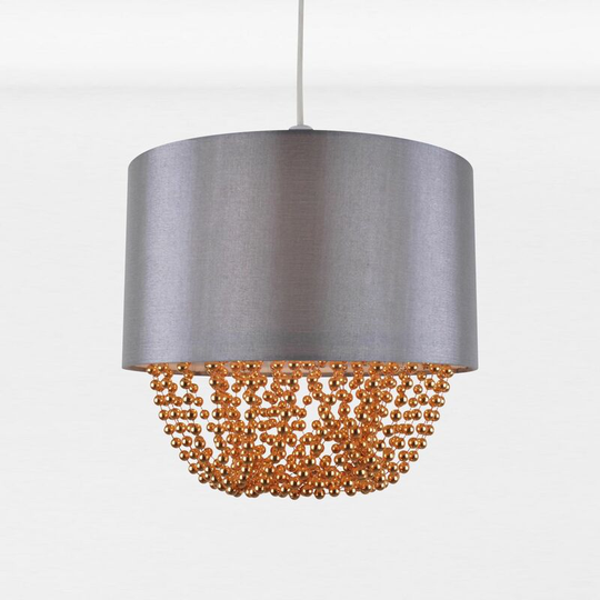 Grey Faux Silk & Copper Jewelled Ceiling Light Shade - Mid grey faux silk with light copper acrylic detail