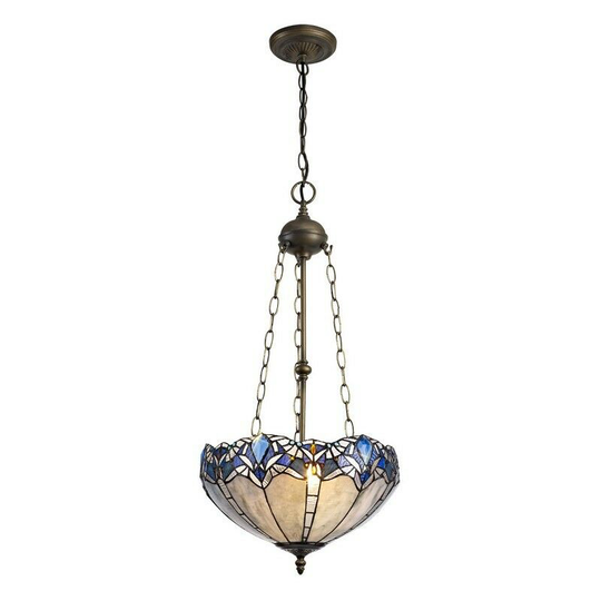 Luminosa Lighting - 3 Light Uplighter Ceiling Pendant E27 With 40cm Tiffany Shade, Blue, Clear Crystal, Aged Antique Brass