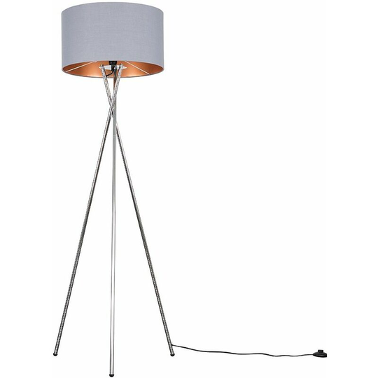 Floor Lamp Tripod Camden Light in Chrome with Cylinder Lampshade - Grey & Copper