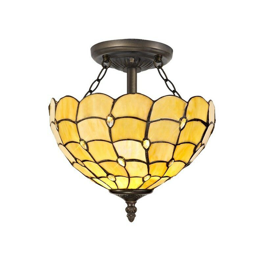 Luminosa Lighting - 2 Light Semi Flush Ceiling E27 With 30cm Tiffany Shade, Beige, Clear Crystal, Aged Antique Brass