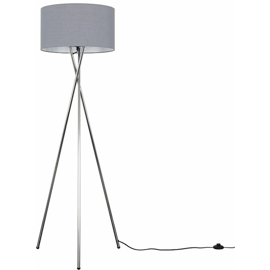 Floor Lamp Tripod Camden Light in Chrome with Cylinder Lampshade - Dark Grey + LED Bulb