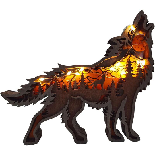 Aougo - Light Up Wooden Ornaments Wolf Totem Statue Decoration Figurine Wood Craft Sculpture with led Light