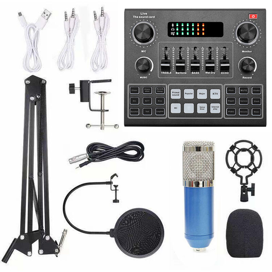 Asupermall - Multifunctional Live V9 Sound Card and BM800 Suspension Microphone Kit Broadcasting Recording Condenser Microphone Set Intelligent