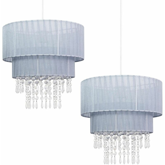 Pair of Grey Two Tiered Jewelled Light Shades - Grey ribbon with clear acrylic detail
