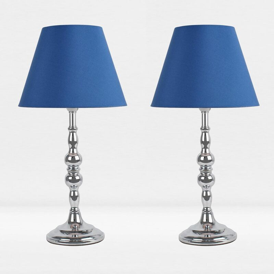 First Choice Lighting - Set of 2 Chrome Plated Bedside Table Light with Candle Column Blue Fabric Shade - Polished chrome plate and textured blue