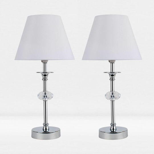 First Choice Lighting - Set of 2 Chrome Plated Stacked Bedside Table Light with Faceted Acrylic Detailing and White Fabric Shade - Polished chrome