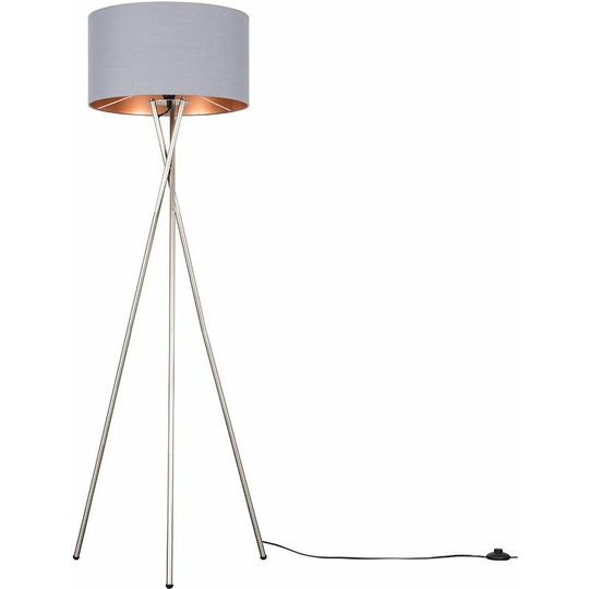Floor Lamp Tripod Camden Light in Brushed Chrome with Cylinder Lampshade - Grey & Copper + led Bulb