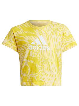 adidas Future Icons Junior Girls All Over Print Short Sleeve T-Shirt - Light Yellow, Light Yellow, Size 13-14 Years, Women