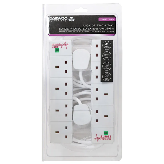 Daewoo 4-Way 2m Extension Lead with Surge Protection 2 Pack - White