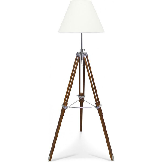 Privatefloor - Tripod Floor Lamp - Classic White Lampshade - Height Adjustable Light brown Steel, Wood, Fabric, Fabric, Metal, Wood - Light brown