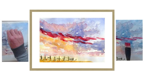 Watercolour color painting. Beach sunset. One brush Loose.