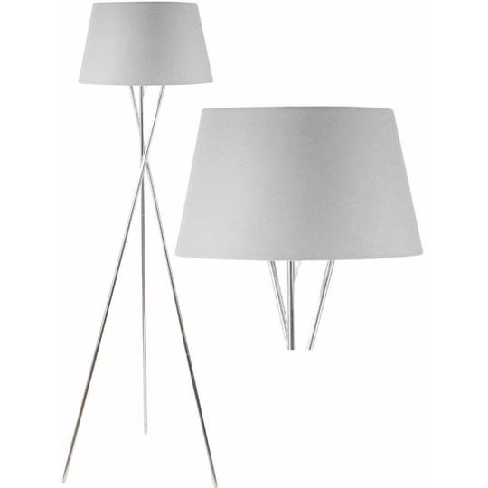 First Choice Lighting - Chrome Twist Tripod Floor Lamp with Grey Fabric Shade - Polished chrome plate and grey cotton