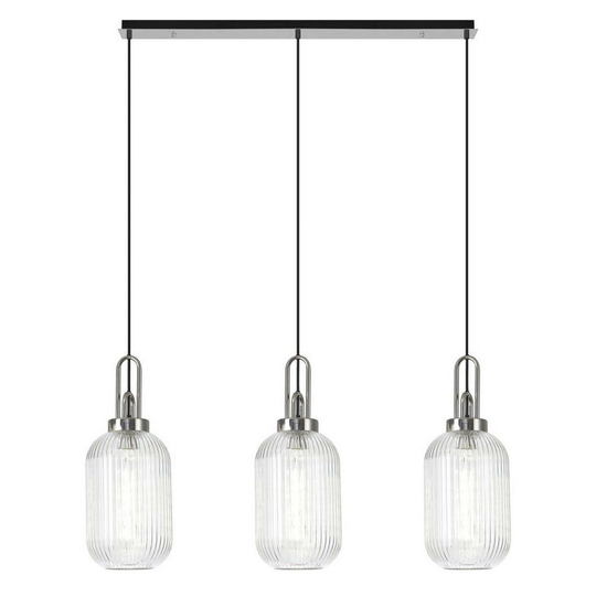 Luminosa Lighting - Luminosa Linear 3 Light Pendant E27 With 20cm Tubular Ribbed Glass, Clear Polished Nickel, Matt Black