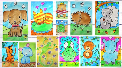 Drawing & Painting 12 Cute Cartoon Animals for Beginners