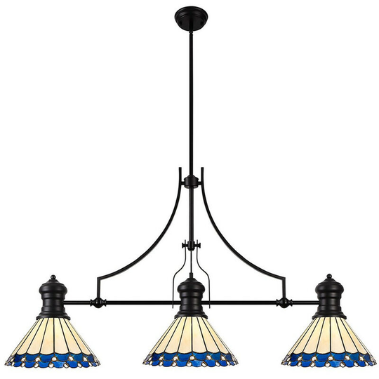 Luminosa Lighting - Luminosa Worcester, 3 Light Linear Ceiling Pendant E27 With 30cm Tiffany Shade, Matt Black, Blue, Cream, Crystal